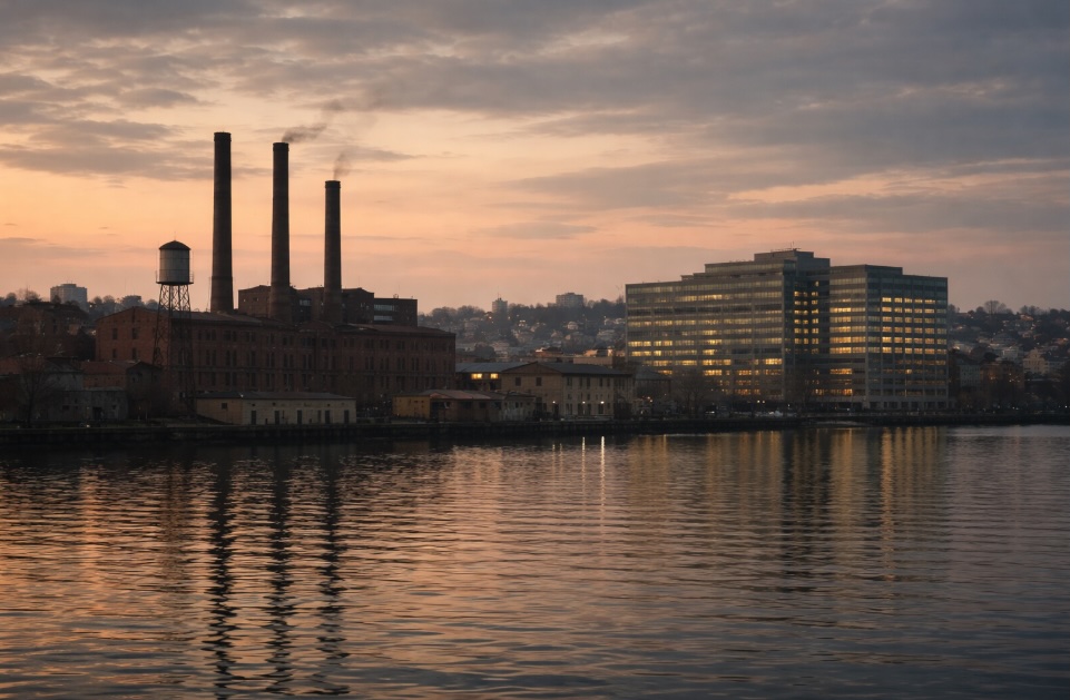 A wide horizontal editorial-style photograph depicting an urban New Jersey industrial waterfront at dusk. In the foreground, a calm river reflects the soft orange and grey sky. On the opposite bank, aging brick factory buildings and smokestacks sit alongside a modern office complex. A small residential neighborhood is visible in the background. The mood is quiet and contemplative. No people, no text, no logos. Muted earth tones with soft blues and greys.