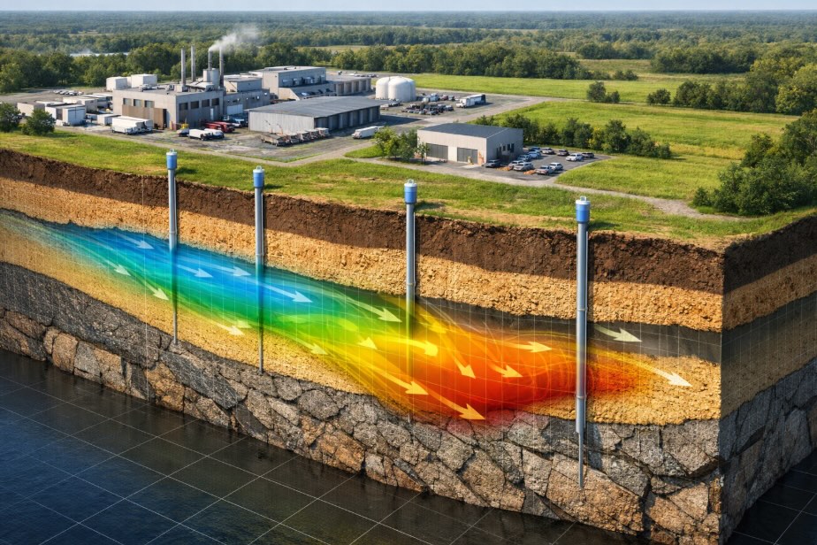 Cross-section illustration showing a groundwater contaminant plume migrating through underground soil and rock layers beneath an industrial site, with monitoring wells at the surface and a computer model grid overlay, representing solute transport modeling concepts for environmental professionals.
