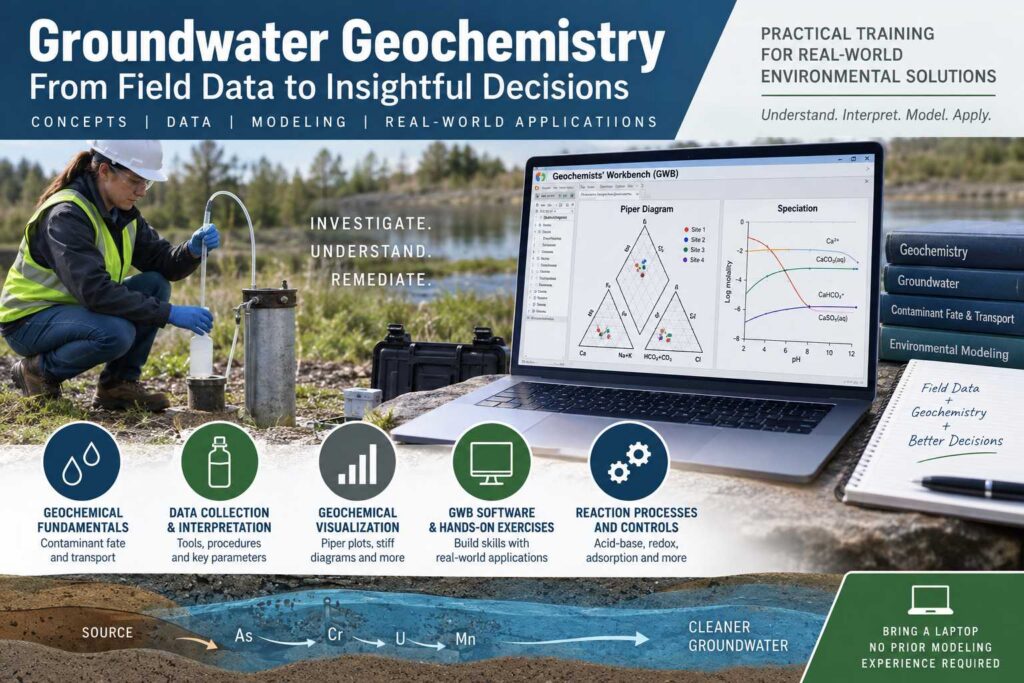 Environmental professional collecting groundwater samples beside a laptop displaying geochemical modeling charts for a groundwater geochemistry workshop.
